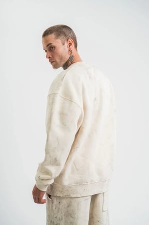 Erkek 3 İplik Pamuklu Yağ Yıkamalı Sweatshirt Double Oversize Bisiklet Yaka Uzun Kol - Krem
