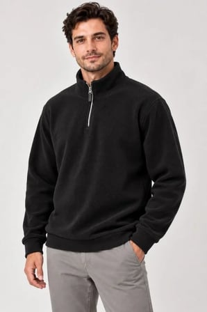 Erkek Polar Dik Yaka Yarım Fermuarlı Uzun Kollu Regular Fit Kışlık Sweatshirt - Siyah