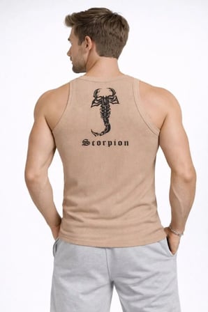 Erkek Spor Fitilli Atlet 2li Set Kahverengi Ve Beyaz Slim Fit Kaşkorse Arka Baskılı Spor Atlet