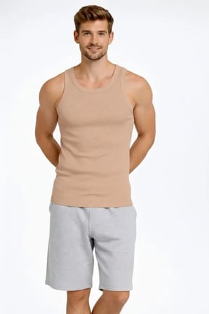 Erkek Spor Fitilli Atlet 2li Set Kahverengi Ve Beyaz Slim Fit Kaşkorse Arka Baskılı Spor Atlet