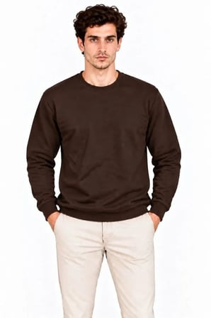 Erkek Bisiklet Yaka İçi Şardonlu 2 İplik Düz Uzun Kollu Regular Fit Sweatshirt - Kahverengi