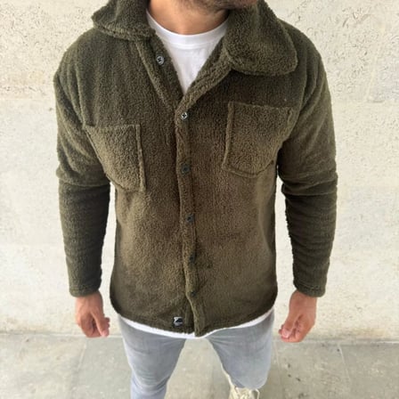 Erkek Pelüş Polar Hırka Gömlek – Yakalı, İlik Düğmeli, Göğüs Cepli, Yumuşak Dokulu Kışlık Regular Fit Rahat Günlük Model - Haki