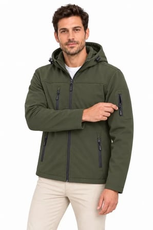 Erkek Su Geçirmez Softshell İçi Polar Astarlı Çıkarılabilir Kapüşonlu 4 Cepli Mont Ceket - Haki