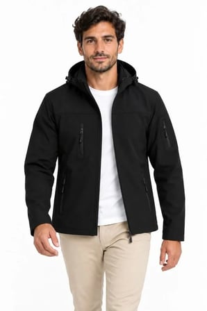 Erkek Su Geçirmez Softshell İçi Polar Astarlı Çıkarılabilir Kapüşonlu 4 Cepli Mont Ceket - Siyah