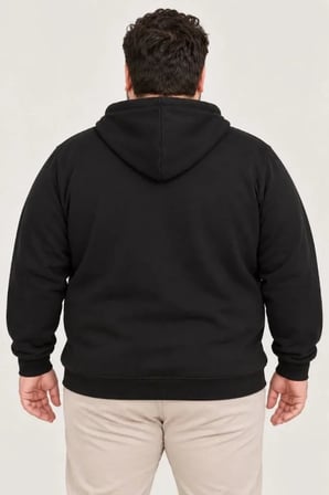 Erkek Battal Büyük Beden Üç İplik İçi Şardonlu Kapüşonlu Tam Fermuarlı Kışlık Sweatshirt - Siyah