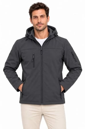 Erkek Su Geçirmez Softshell İçi Polar Astarlı Çıkarılabilir Kapüşonlu 4 Cepli Mont Ceket - Füme