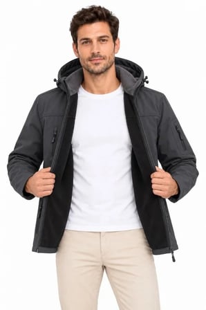 Erkek Su Geçirmez Softshell İçi Polar Astarlı Çıkarılabilir Kapüşonlu 4 Cepli Mont Ceket - Füme