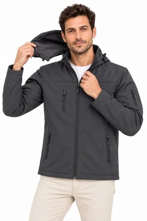 Erkek Su Geçirmez Softshell İçi Polar Astarlı Çıkarılabilir Kapüşonlu 4 Cepli Mont Ceket - Füme