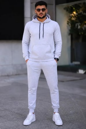 Erkek İki İplik Kapüşonlu Kanguru Cepli Sweatshirt Jogger Pantolon Alt Üst Eşofman Takımı -Beyaz