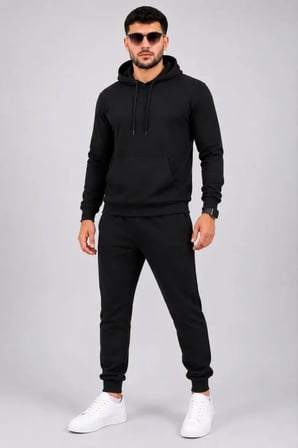 Erkek İki İplik Kapüşonlu Kanguru Cepli Sweatshirt Jogger Pantolon Alt Üst Eşofman Takımı -Siyah