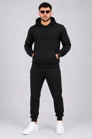 Erkek İki İplik Kapüşonlu Kanguru Cepli Sweatshirt Jogger Pantolon Alt Üst Eşofman Takımı -Siyah