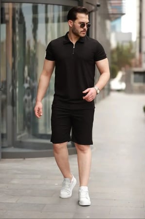 Erkek Yakalı Fermuarlı T-shirt şort Ikili Takım