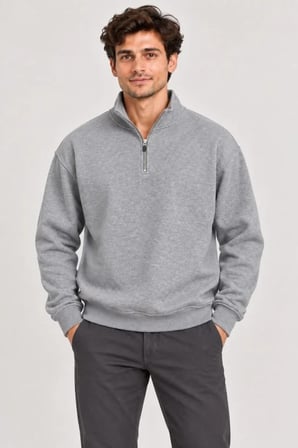 Erkek Üç İplik İçi Şardonlu Dik Yaka Yarım Fermuarlı Kışlık Sweatshirt - Grİ
