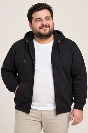 Erkek Battal Büyük Beden Üç İplik İçi Şardonlu Kapüşonlu Tam Fermuarlı Kışlık Sweatshirt - Siyah