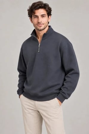 Erkek Üç İplik İçi Şardonlu Dik Yaka Yarım Fermuarlı Kışlık Sweatshirt - Füme