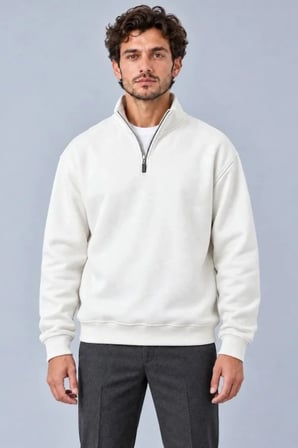 Erkek Üç İplik İçi Şardonlu Dik Yaka Yarım Fermuarlı Kışlık Sweatshirt - Beyaz