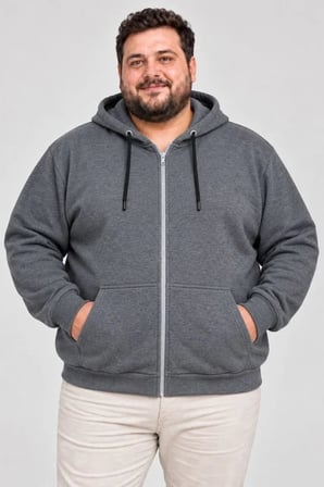 Erkek Battal Büyük Beden Üç İplik İçi Şardonlu Kapüşonlu Tam Fermuarlı Kışlık Sweatshirt - Füme