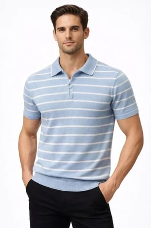 Erkek Triko Polo Yaka Fermuarlı Çizgili Tişört T-Shirt Yazlık Şık - Bebek Mavisi S Bebek Mavisi