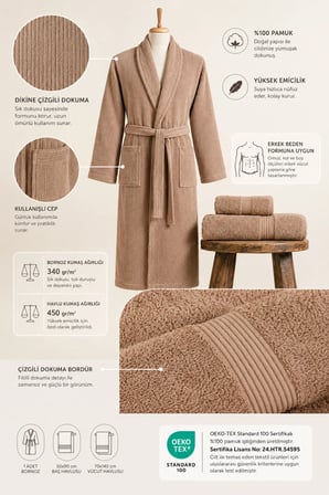 Erkek Bornoz %100 Pamuk Sertifikalı 3 Parça Şalyaka Çizgili Bej Bornoz ve Havlu Seti