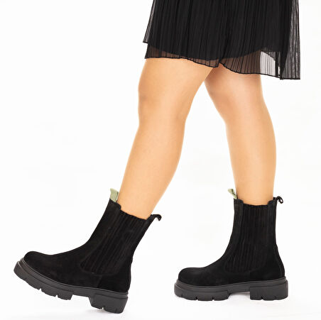 TwoEgoist Kadın Hakiki Süet Deri Kalın Tabanlı Postal Bot - Chelsea