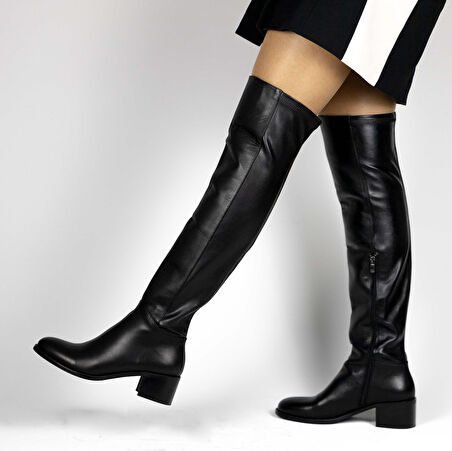 TwoEgoist Hakiki Deri Diz Üstü Streç Çizme