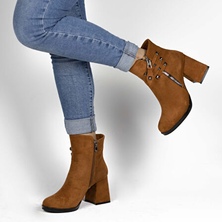 Kadın Süet Kalın Topuk Kısa Bot-Bootie