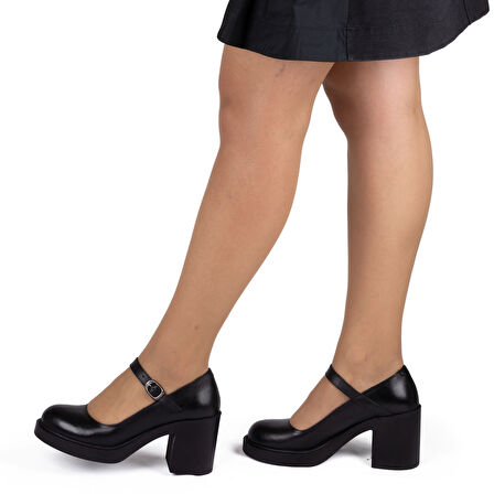 Kadın Hakiki Deri Kalın Topuklu Bantlı Günlük Ayakkabı / Mary Jane Shoes