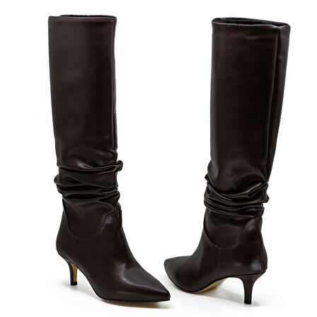 Vegan 6.5 cm Kısa Rahat Topuklu Sivri Burunlu Körüklü Uzun Kadın Çizme