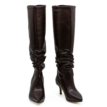 Vegan 6.5 cm Kısa Rahat Topuklu Sivri Burunlu Körüklü Uzun Kadın Çizme