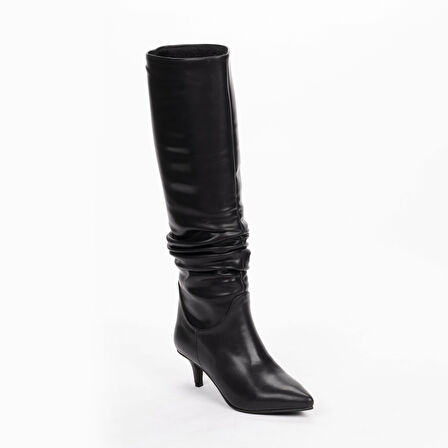 Vegan 6.5 cm Kısa Rahat Topuklu Sivri Burunlu Körüklü Uzun Kadın Çizme