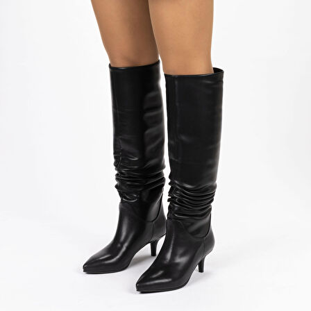 Vegan 6.5 cm Kısa Rahat Topuklu Sivri Burunlu Körüklü Uzun Kadın Çizme