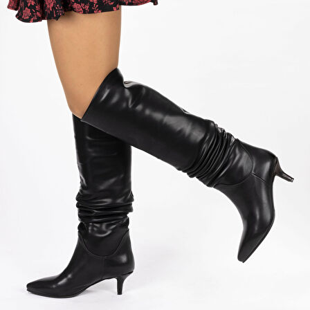 Vegan 6.5 cm Kısa Rahat Topuklu Sivri Burunlu Körüklü Uzun Kadın Çizme