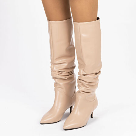 Vegan 6.5 cm Kısa Rahat Topuklu Sivri Burunlu Körüklü Uzun Kadın Çizme