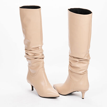 Vegan 6.5 cm Kısa Rahat Topuklu Sivri Burunlu Körüklü Uzun Kadın Çizme