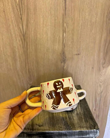 El Yapımı Hediyelik Kurabiye Adam Gingerbread Man Seramik Kupa Mug Duble Nescafe Fincanı