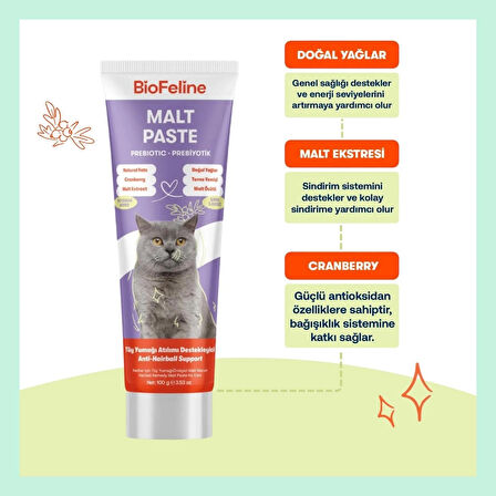 Biofeline Kediler İçin Tüy Yumağı Önleyici ve Sindirim Destekleyici Malt Macunu