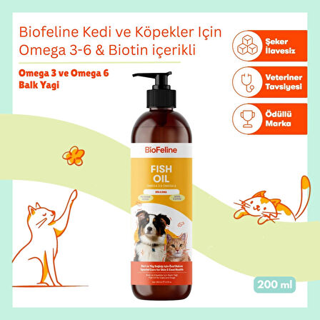 Biofeline Omega 3-6 & Biotin Balık Yağı – Kedi ve Köpekler İçin Parlak Tüy ve Sağlıklı Cilt Takviyesi 250 ml