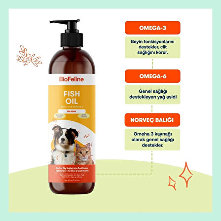 Biofeline Omega 3-6 & Biotin Balık Yağı – Kedi ve Köpekler İçin Parlak Tüy ve Sağlıklı Cilt Takviyesi 250 ml