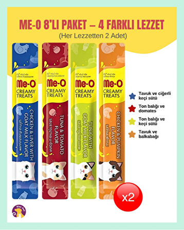 Me-O Kedi Ödül Maması 8’li Karışık Paket 8X15 gr (Tavuk ve Ciğerli Keçi Sütü- Ton Balığı ve Domates- Ton Balığı ve Keçi Sütü- Tavuk ve Balkabağı)