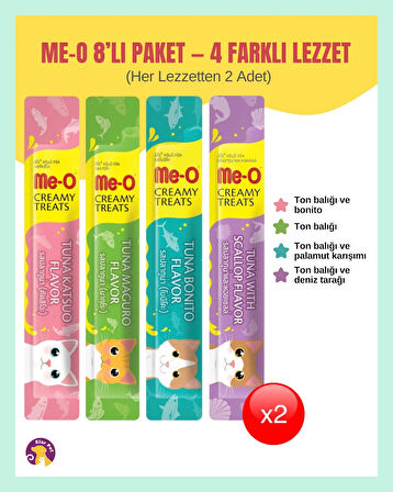 Me-O Tuna Mix Kedi Ödül Maması 8’li Karışık Paket 8x 15 gr (Ton Balığı ve Bonito,ton Balığı,ton Balığı ve Palamut Karışımı, Ton Balığı ve Deniz Tarağı)