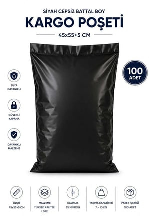 Siyah Cepsiz Battal Boy Kargo Poşeti 45x55+5 Cm 100 Adet