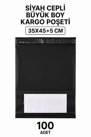 Siyah Cepli Büyük Boy Kargo Poşeti 35x45+5 Cm 100 Adet