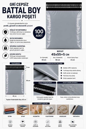 Gri Cepsiz Battal Boy Kargo Poşeti 45x55+5 Cm 100 Adet