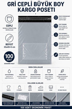 Gri Cepli Büyük Boy Kargo Poşeti 35x45+5 Cm 100 Adet