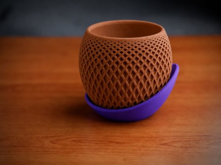 3D Baskı Küre Saksı - Kafes Dokulu İki Parçalı Dekoratif Saksı - Kahverengi-Mor