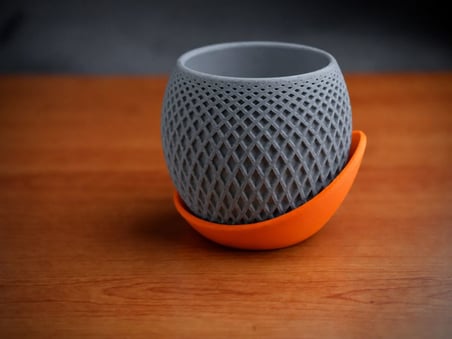 3D Baskı Küre Saksı - Kafes Dokulu İki Parçalı Dekoratif Saksı - Gri-Turuncu