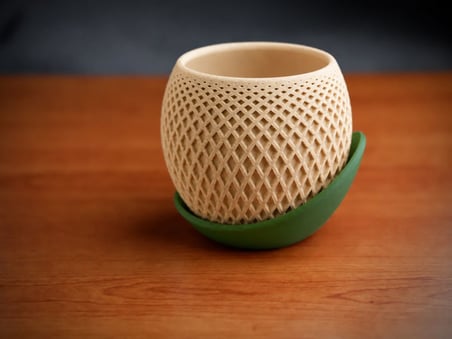 3D Baskı Küre Saksı - Kafes Dokulu İki Parçalı Dekoratif Saksı - Bej-Yeşil