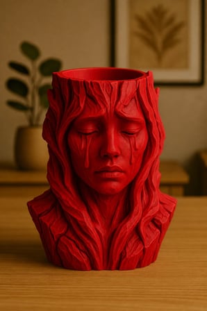 3D Baskı Ağlayan Kadın Büst Saksı - Sanatsal Dekoratif Saksı - Kırmızı