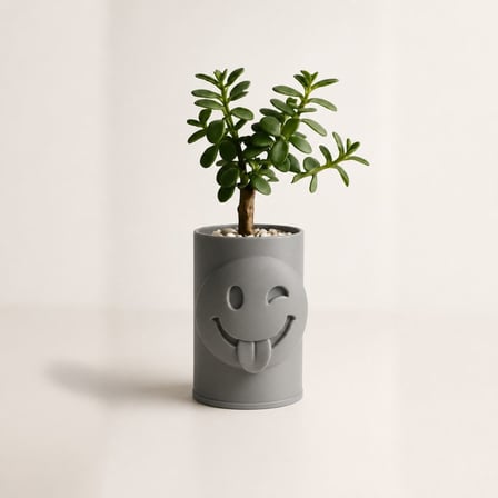 3D Baskı Emoji Planter - Göz Kırpan Yüzlü Sukulent Saksısı-Gri