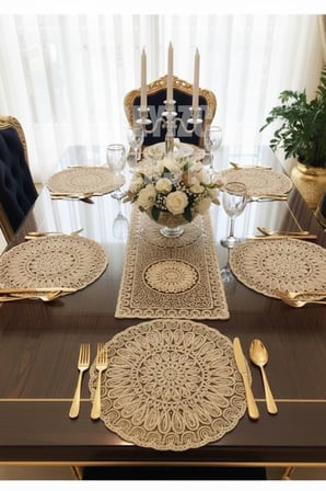 Fransız Dantelli Runner Ve Supla Takımı (1 Runner, 6 Supla) Kahve